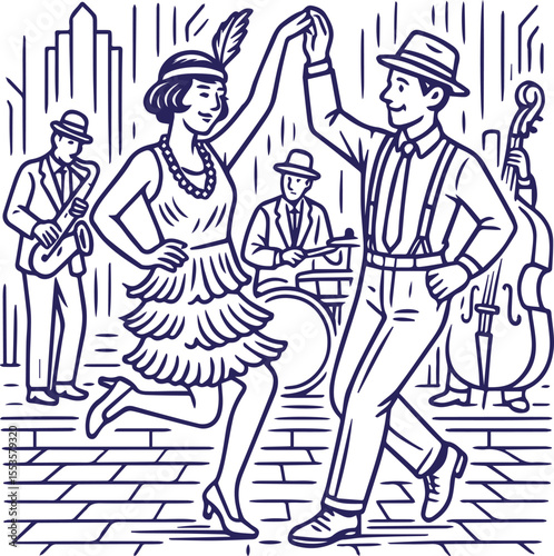 Swing dancers performing to jazz band in vintage outline style