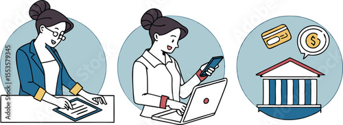 Three illustrations of a woman using technology for banking purposes isolated on transparent background