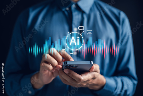 Voice AI assistant interface with soundwave and chatbot icon on smartphone. AI voice recognition, smart digital assistant, speech-to-text, and conversational technology for mobile devices.