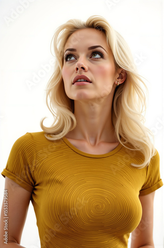 Blonde woman with a yellow shirt is looking up at the camera. Concept of confidence and self-assurance, as the woman stands tall and proud in her outfit