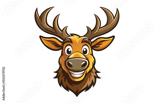 Cartoon deer head showcases big smile, buck teeth, and detailed brown antlers
