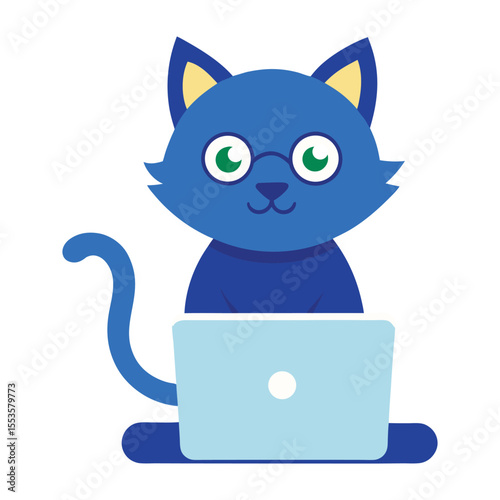 Smart cat using laptop in focus mode Vector illustration