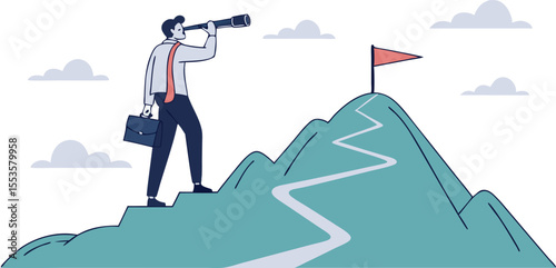 Man with telescope on mountain looking at flag, business concept isolated on transparent background