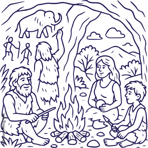 Prehistoric family by campfire in cave with wall paintings