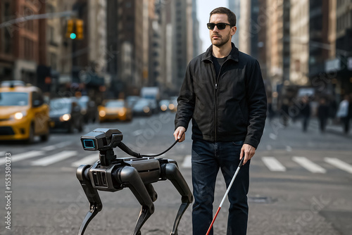 A visually impaired man navigates a city street with the assistance of a robotic guide dog, ensuring his safe and independent mobility.