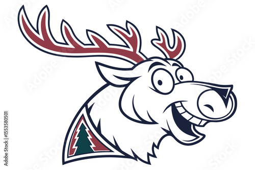 Cartoon moose head showcases a playful grin with forest accents and striking burgundy antlers
