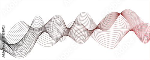 Abstract wave design with a series of flowing, overlapping sinusoidal curves in a gradient. Wave shapes undulate with deep maroon to bright dynamic gradient effect. rhythm, harmonious flowing motion.