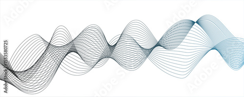 Abstract wave design with a series of flowing, overlapping sinusoidal curves in a gradient. Wave shapes undulate with deep blue to bright dynamic gradient effect. rhythm, harmonious flowing motion.