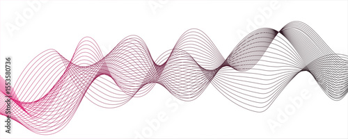 Abstract wave design with a series of flowing, overlapping sinusoidal curves in a gradient. Wave shapes undulate with deep maroon to bright dynamic gradient effect. rhythm, harmonious flowing motion.