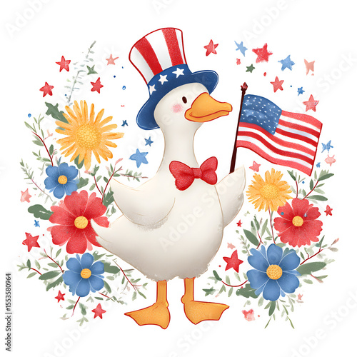 Cute Uncle Sam Duck with American Flag and Floral Accents – Festive Hand-Drawn Art