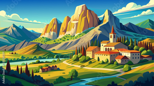 Majestic view of Naranjo, in Asturias, Spain. Towering limestone peak surrounded by dramatic mountain landscape, deep valleys, and clear blue sky. Iconic natural landmark of the Picos de Europa