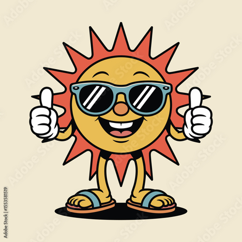 Cartoon Happy Sun Character with Sunglasses and Thumbs Up Illustration.