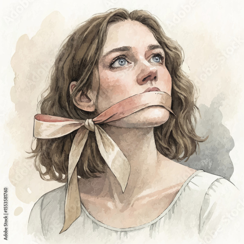 A woman with a tape on her lips. Her gaze is warm and silent. Watercolor, charcoal, soft light and pastel brown tones. Isolator.