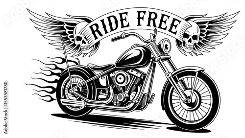 Classic motorcycle with flaming wheels and skull wings ride free emblem
