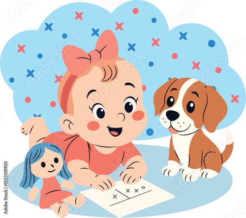 People and Pet at Home Cartoon Illustration