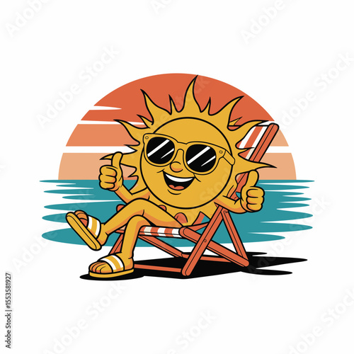Cool Cartoon Sun Relaxing in Beach Chair with Sunglasses and Sunset Background.
