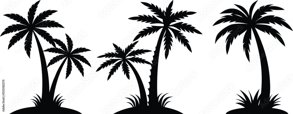 Fototapeta premium Vector Silhouettes of Tropical Palm Trees on Island Patches