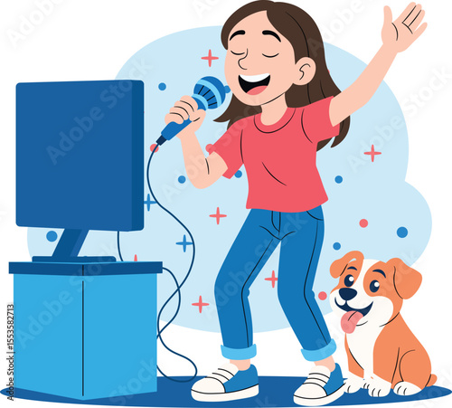 People and Pet at Home Cartoon Illustration