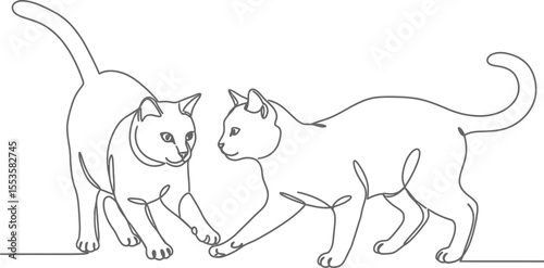 two cats playing and fighting illustration black and white line art 