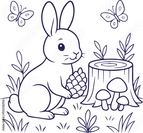 Cute bunny holding pine cone near tree stump and mushrooms