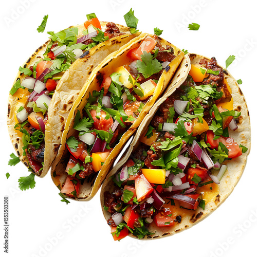 Three delicious ground beef tacos topped with fresh tomatoes and onion isolate on transparent background 