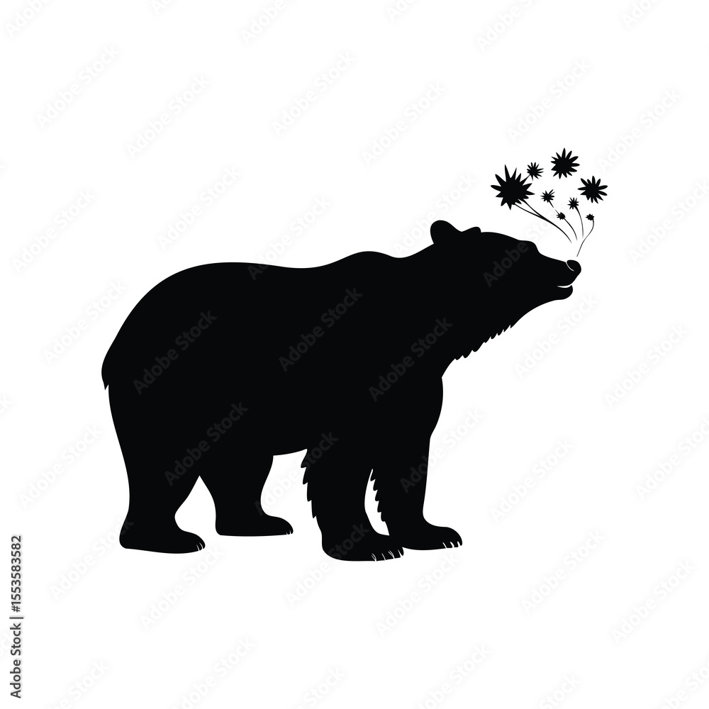 Fototapeta premium Silhouette of a bear smelling flowers blowing out from its nose