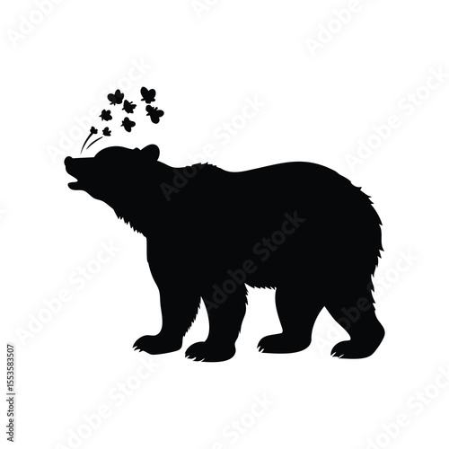 Silhouette of a bear with butterflies fluttering near its nose, on white