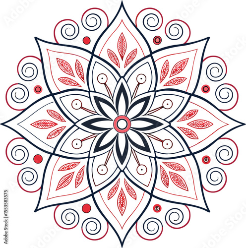 Mandala Artwork: Intricate mandala artwork, symbolizing balance and harmony, with a central floral motif. The artwork invites the viewer to embrace tranquility and self-discovery. 