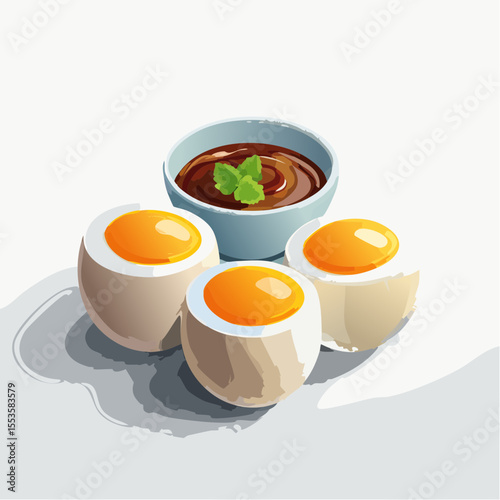 Delicious soft-boiled eggs with dipping sauce kitchen food photography minimalist close-up culinary art