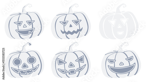 Six stylized gray halloween jack o lantern pumpkins with different carved faces isolated on transparent background