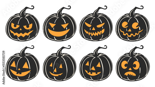 Collection of eight unique carved halloween pumpkins with glowing orange faces and stems isolated on transparent background