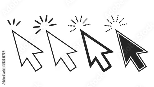 Four stages of a computer mouse cursor clicking animation showing a pointer with expanding ripple effects isolated on transparent background