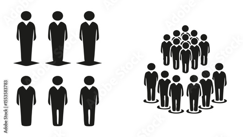 Visual representation of a small group of people versus a larger crowd showcasing differences in size and density isolated on transparent background