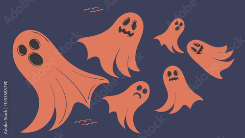 A spooky gathering of orange ghosts with different expressions floating together on a dark blue background isolated on transparent background