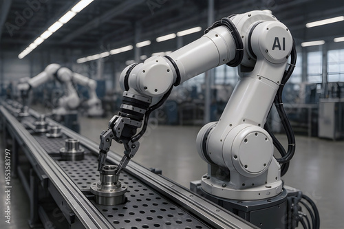 AI powered robot arm working on a production line in a smart factory, industrial setting.