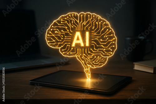 Artificial intelligence brain made of glowing circuits, hovering above a tablet on a wooden desk.