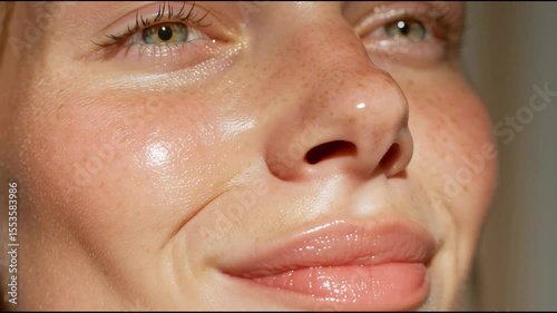 Freckled woman carefully applying moisturizing cream, radiating natural beauty while pampering skin during gentle skincare routine
