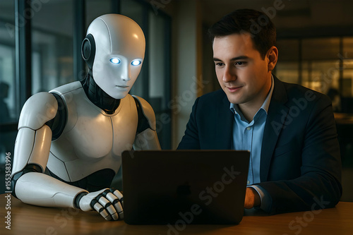AI collaboration. Human and humanoid robot working together on a laptop, office background.
