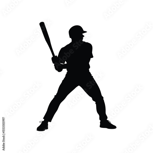 Baseball batter silhouette preparing to swing with bat poised to hit