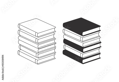 Two stacks of books one outlined and one filled with black shown in isometric view