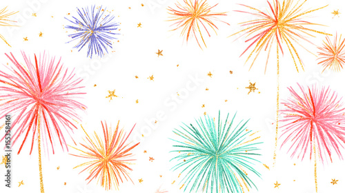 Minimalist Neon Fireworks Sketch – Bold Outlines, Gold Sparkle, and Playful Crayon Style on White Background