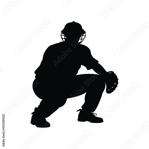 Silhouette of a Baseball Catcher in Squatting Position with Protective Gear