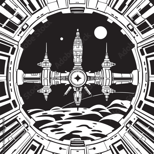 Space station design concept black and white vector illustration.