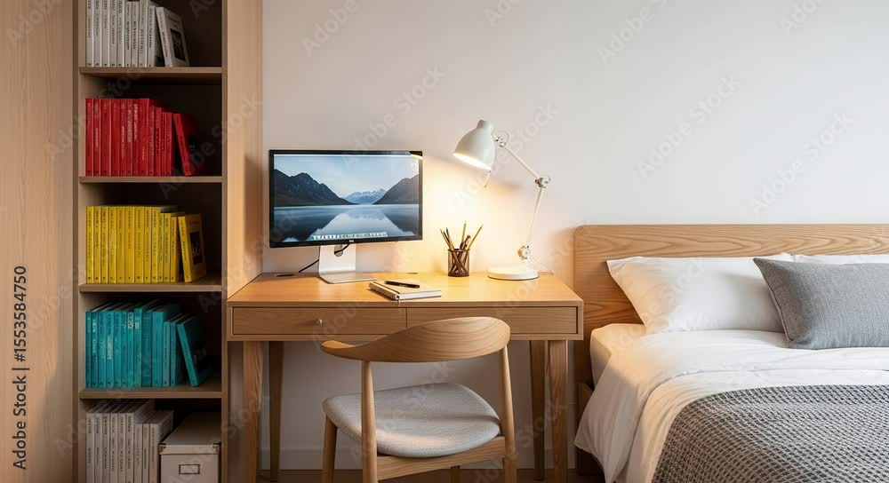 A small wooden desk with a computer and lamp sits in a minimalist bedroom next to a bookshelf and bed
