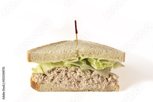 A half of a tuna salad sandwich on white background