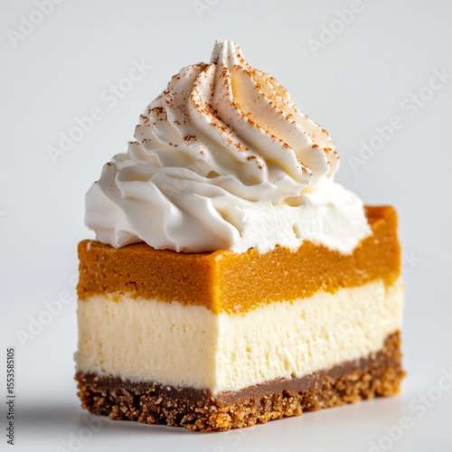 A square layered pumpkin cheesecake with whipped cream isolated on white background