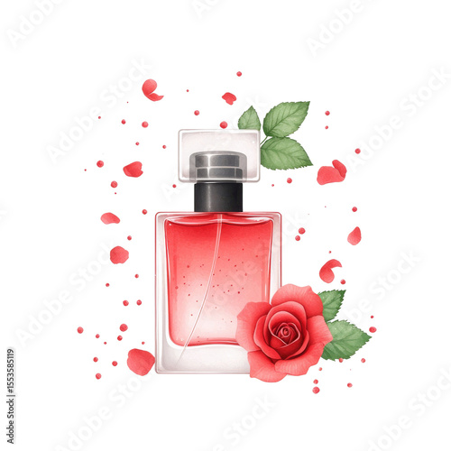 Watercolor icon of a perfume bottle with a rose-shaped cap