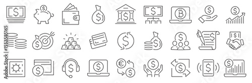 Money Thin Line Icon Set. Finance icon set. Money signs. Vector business and finance editable stroke line icon. Bank, check, law, auction, coins, exchance, payment, wallet, deposit, piggy. Vector