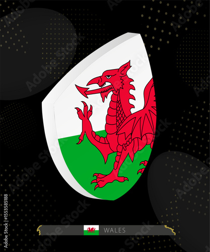 Wales Flag Shield icon in 3D on Dark Modern Abstract Rugby Background.