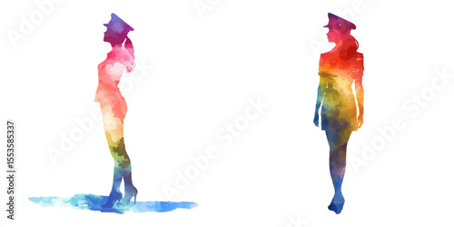 abstract color silhouette of flight attendant watercolor vector illustration